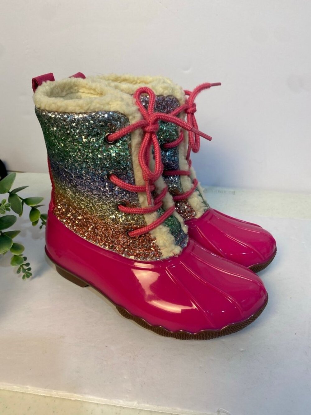 Portland Boot Co Girls Size 3 Pink Rainbow Glitter Duck Boots Winter